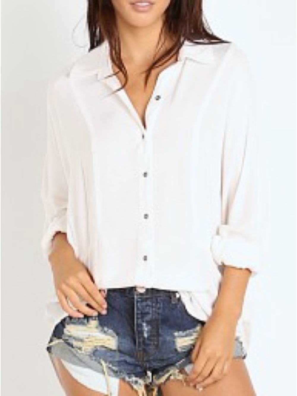 🤍 Free People True Affection Ivory Herringbone Dolman Button Down Shirt Est. Med